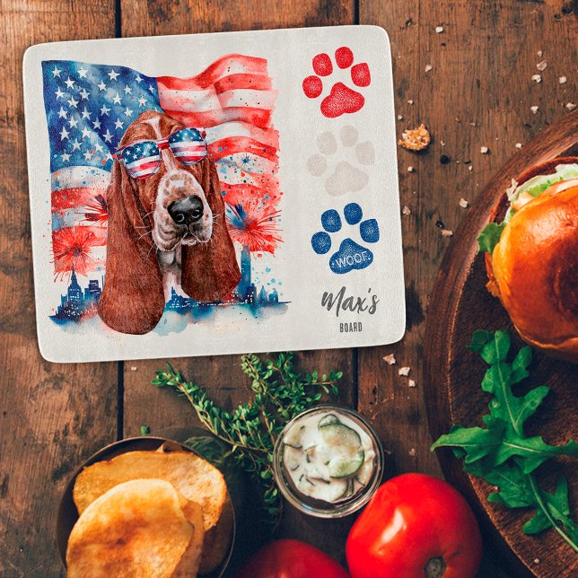 Red White and Blue Basset Hound Dog American Flag Cutting Board (Creator Uploaded)
