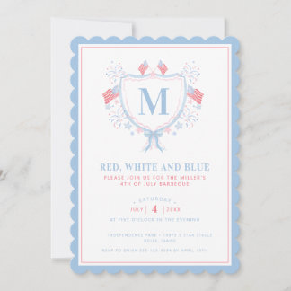 Red, White and Blue BBQ 4th of July Monogram Crest Invitation