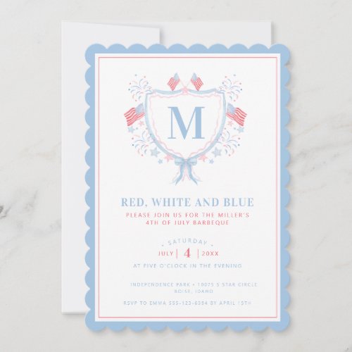 Red, White and Blue BBQ 4th of July Monogram Crest Invitation Red, White and Blue BBQ 4th of July Monogram Crest Invitation