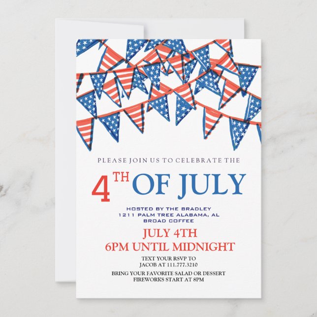 Red White and Blue BBQ Firework 4th of July Party Invitation (Front)