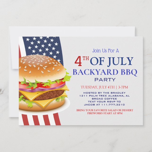 Red White and Blue BBQ Firework 4th of July Party Invitation (Front)