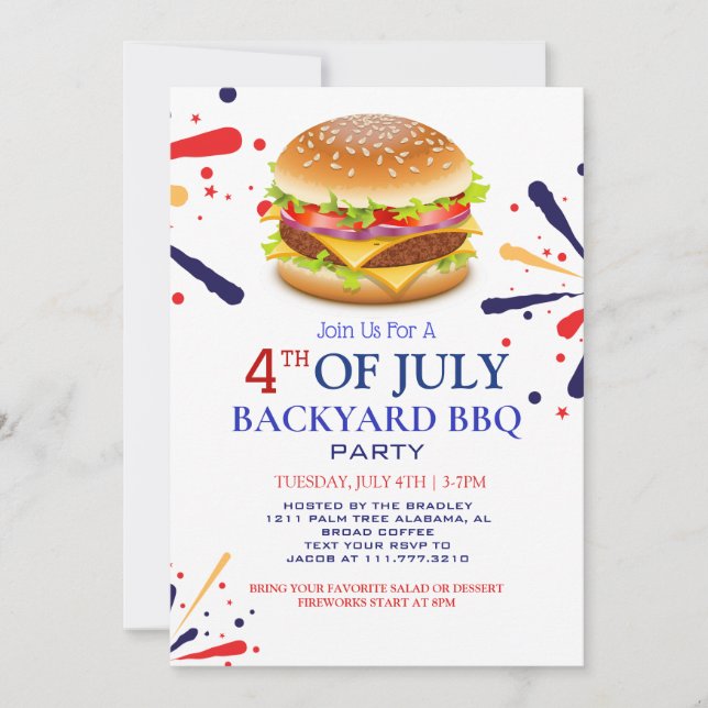 Red White and Blue BBQ Firework 4th of July Party Invitation (Front)