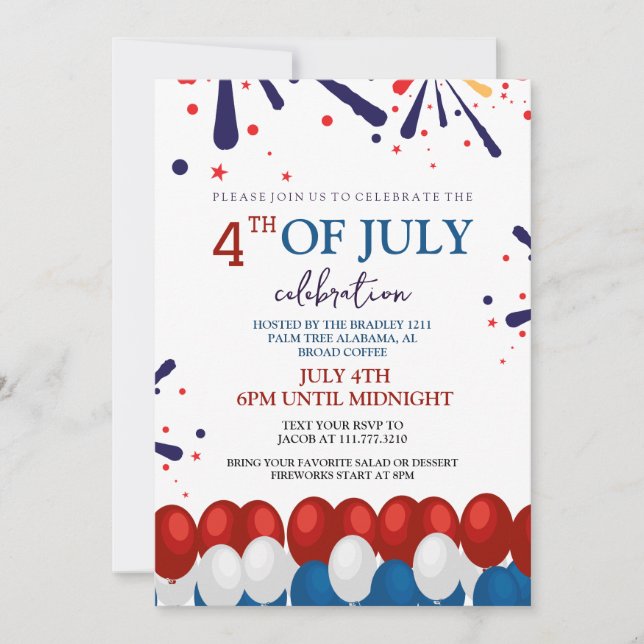 Red White and Blue BBQ Firework 4th of July Party Invitation (Front)