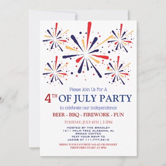 Red White and Blue BBQ Firework 4th of July Party Invitation (Front)