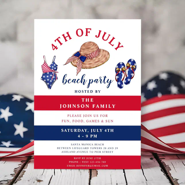 Red White And Blue Beach Party 4th Of July Invitation | Zazzle