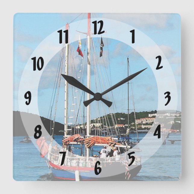 Red, White and Blue Boat at St. Thomas Square Wall Clock (Front)