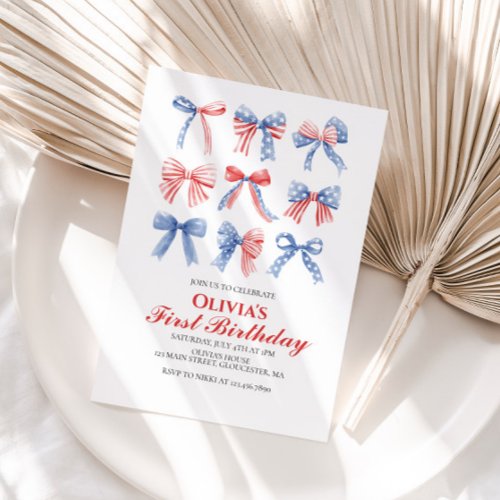 Red White and Blue Bows fourth of July birthday Invitation