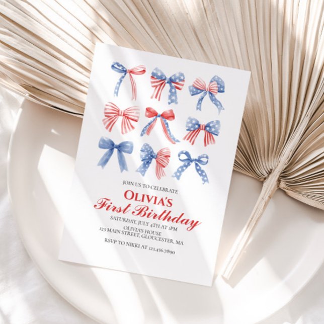Red, White and Blue Bows fourth of July birthday Invitation (Creator Uploaded)