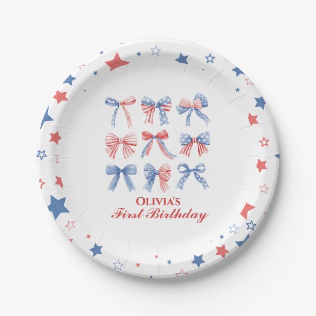 Red, White and Blue Bows fourth of July birthday Paper Plates (Front)