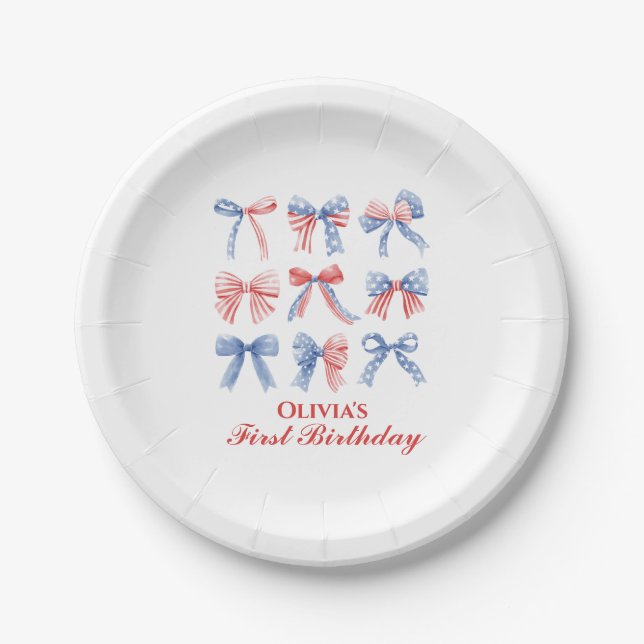 Red, White and Blue Bows fourth of July birthday Paper Plates (Front)