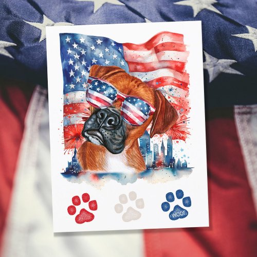 Red White and Blue Boxer Dog American 4th of July Holiday Postcard