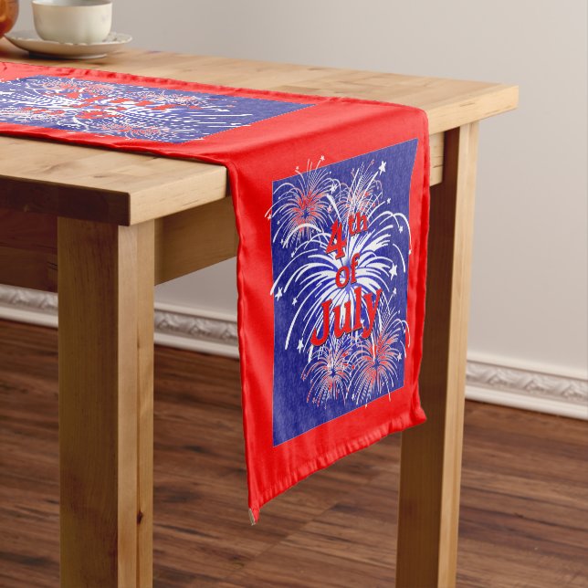 Red, White and Blue Bursting Fireworks Small Short Table Runner (In Situ)