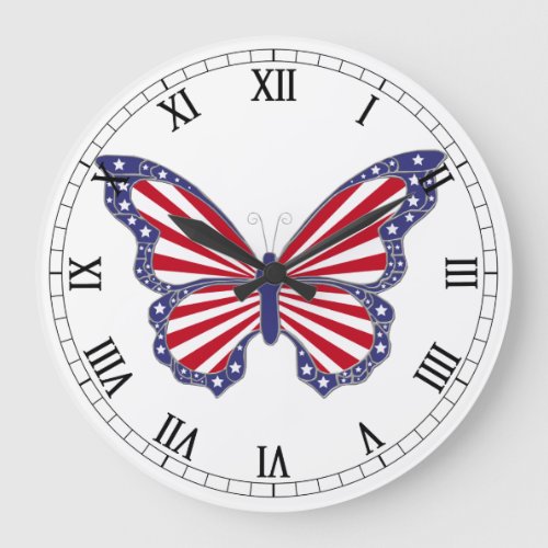 Red White And Blue Butterfly Roman Numerals Clock