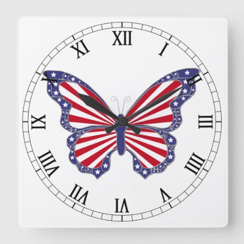 Red White And Blue Butterfly Roman Numerals Clock
