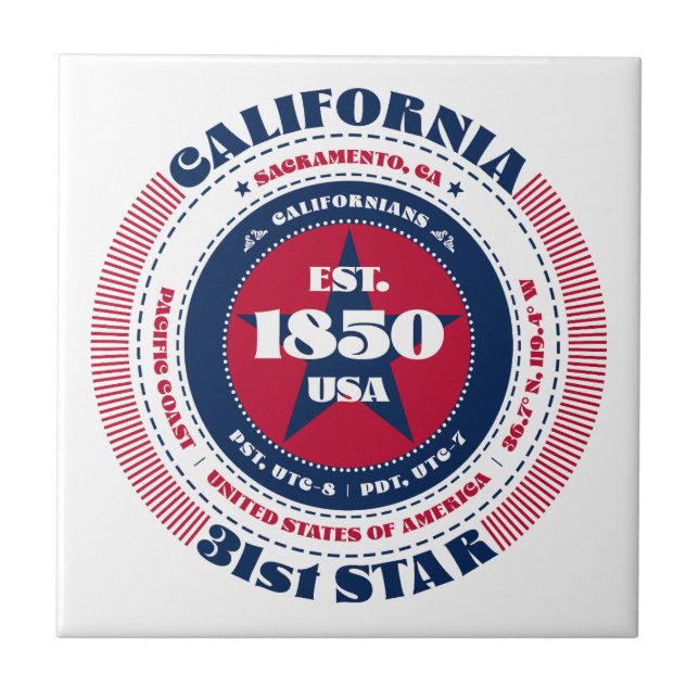 Red, White, and Blue California Ceramic Tile (Front)
