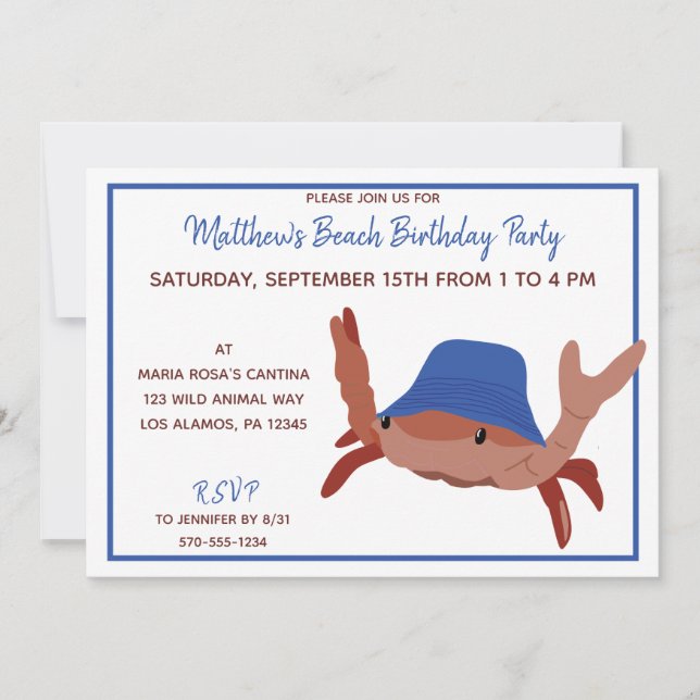 Red, White and Blue Cartoon Crab Beach Party Invitation (Front)