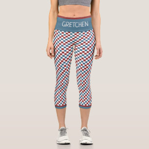 Red White and Blue Checker Pattern Custom Capri Leggings