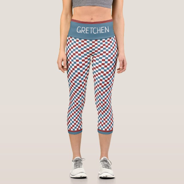 Red White and Blue Checker Pattern Custom Capri Leggings (Front)