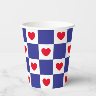 Red White and Blue Checkered Heart Pattern Paper Cups