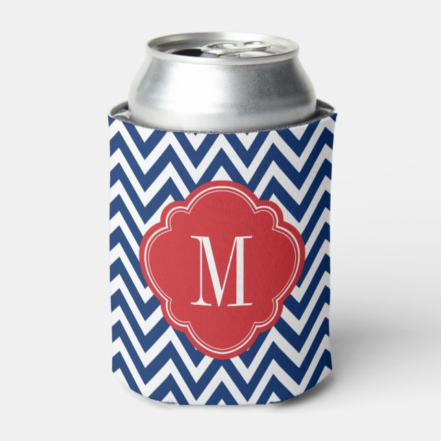 Red White and Blue Chevron Monogram Can Cooler (Can Front)
