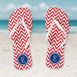 Red White and Blue Chevron Monogram Flip Flops<br><div class="desc">Custom printed flip flop sandals with a stylish modern chevron pattern and your custom monogram or other text in a circle frame. Click Customize It to change text fonts and colors or add your own images to create a unique one of a kind design!</div>