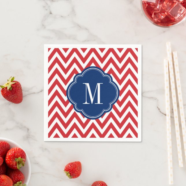 Red White and Blue Chevron Monogram Paper Napkins (Insitu)