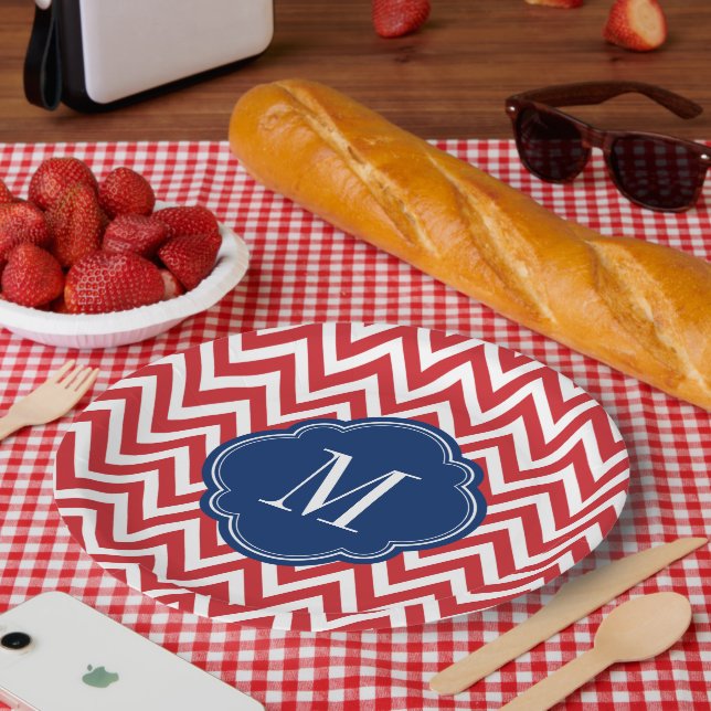 Red White and Blue Chevron Monogram Paper Plates (Picnic)