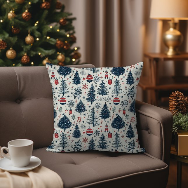 Red White and Blue Christmas Holiday Home Hygge Throw Pillow (Scandinavian Nordic Christmas Woodland Pattern Throw Pillow – Red, White, and Blue Pattern)