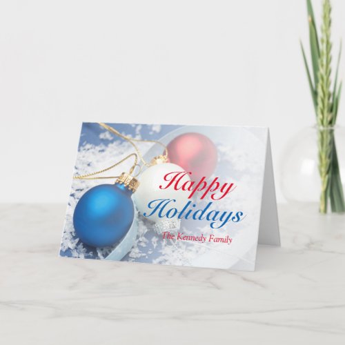 Red white and blue Christmas ornaments Holiday Card
