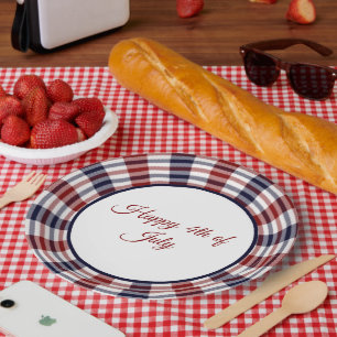 Red white and blue circle plaid custom paper plates