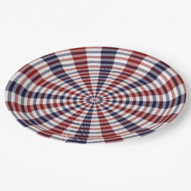 Red white and blue circle plaid paper plates (Angled)
