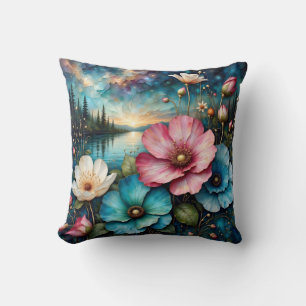Red white and blue Cosmos flowers, Landscape Throw Pillow