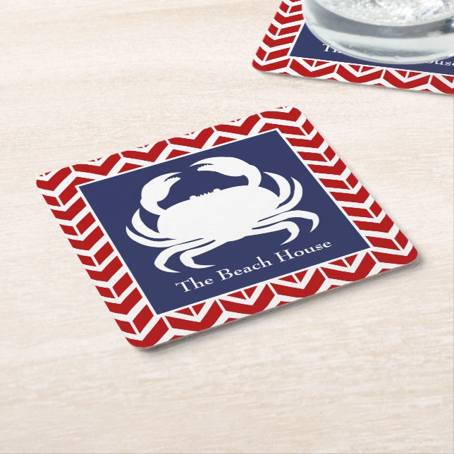Red White and Blue Crab Personalize Nautical Party Square Paper Coaster (Angled)