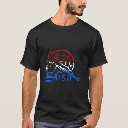 Red White And Blue Curling Flag Curling Stone Usa  T_Shirt