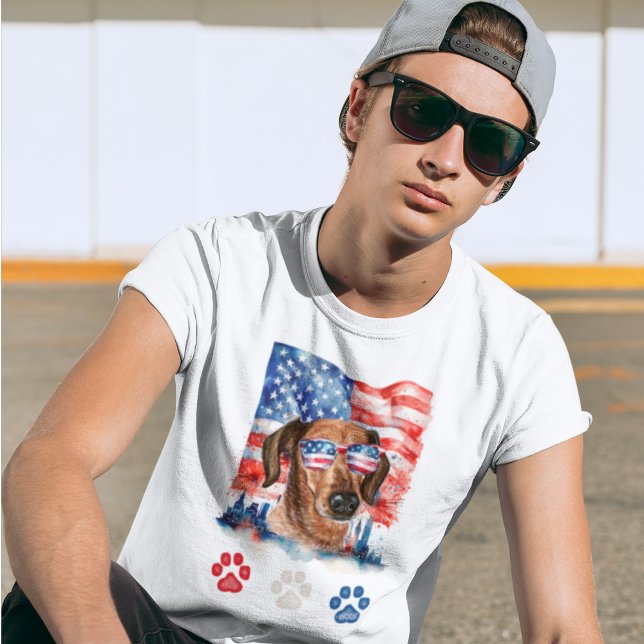 Red White and Blue Cute Dachshund Dog 4th of July T-Shirt (Creator Uploaded)
