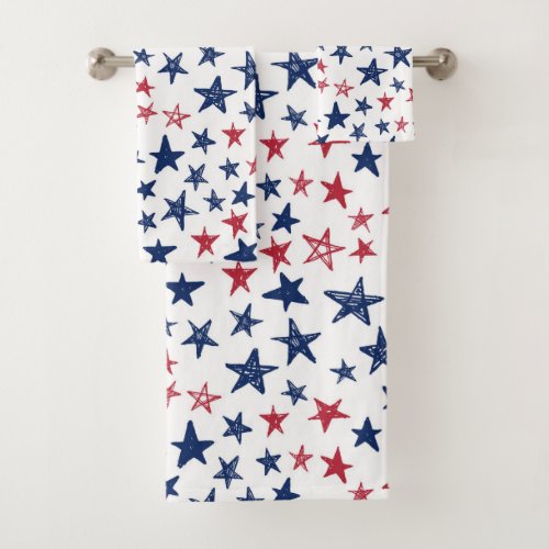 Red White and Blue Doodle Stars  Bath Towel Set