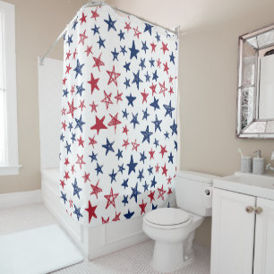 Red White and Blue Doodle Stars  Shower Curtain
