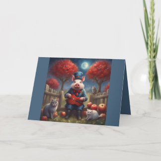 Red white and blue Fall apples and dapper Pig Holiday Card