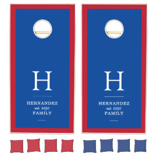 Red White and Blue Family Monogram Name Est Date Cornhole Set