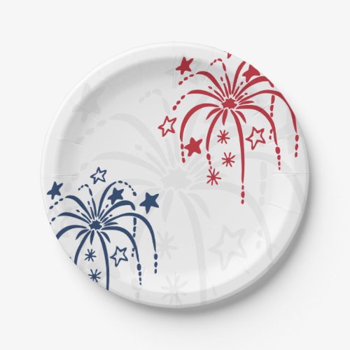 Red White and Blue Fireworks 4th of July Party Paper Plates