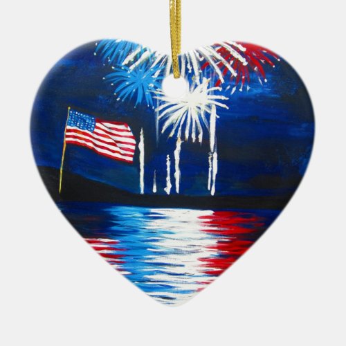 red white and blue fireworks ceramic ornament