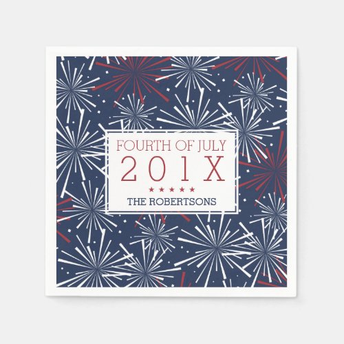 Red White and Blue Fireworks Fourth of July Paper Napkins