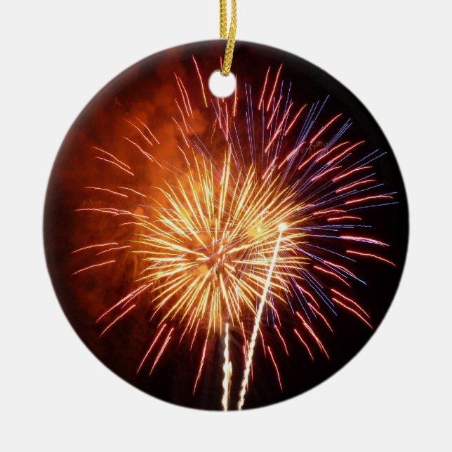 Red, White and Blue Fireworks I Patriotic Ceramic Ornament (Front)