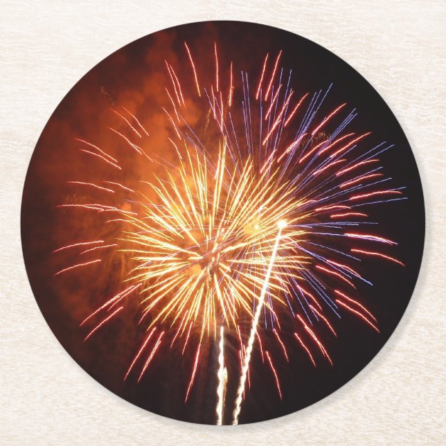 Red, White and Blue Fireworks I Patriotic Round Paper Coaster (Front)