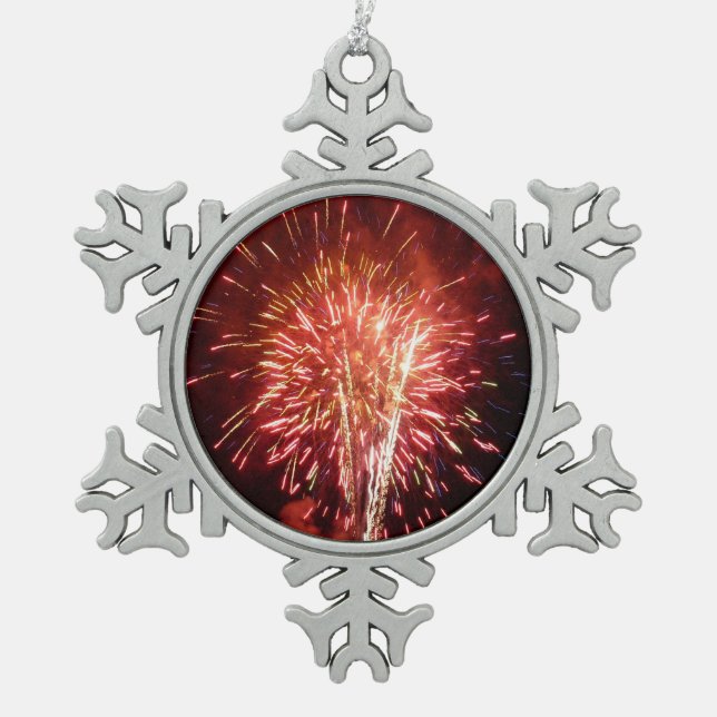 Red, White and Blue Fireworks II Patriotic Snowflake Pewter Christmas Ornament (Front)