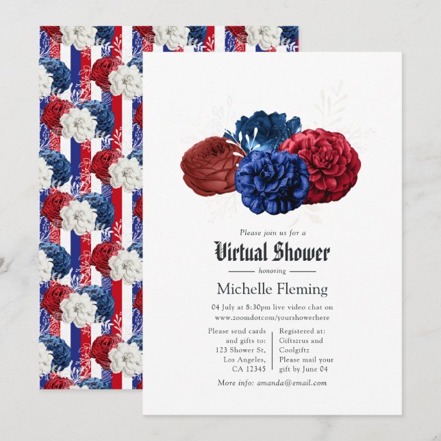 Red White and Blue Floral 4th July Virtual Shower Invitation (Front/Back)