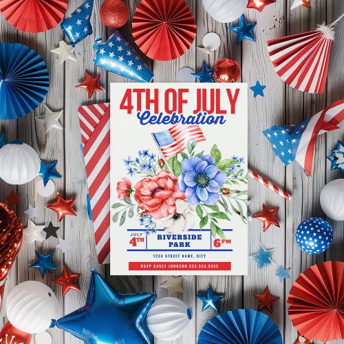 Red White and Blue Floral 4TH of July  Invitation