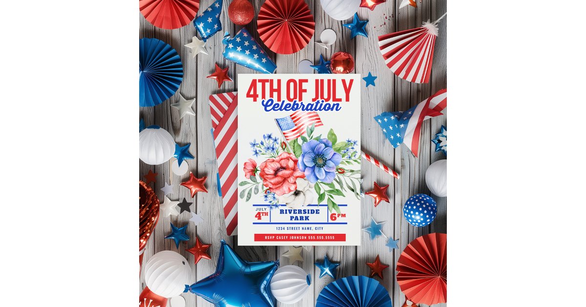 Red White and Blue Floral 4TH of July Invitation | Zazzle