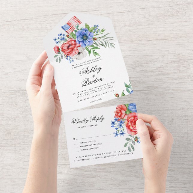 Red White and Blue Floral  All In One Invita All In One Invitation (Tearaway)