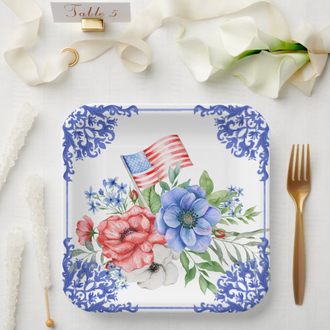 Red, White and Blue Floral American Flag Paper Plates (Wedding)